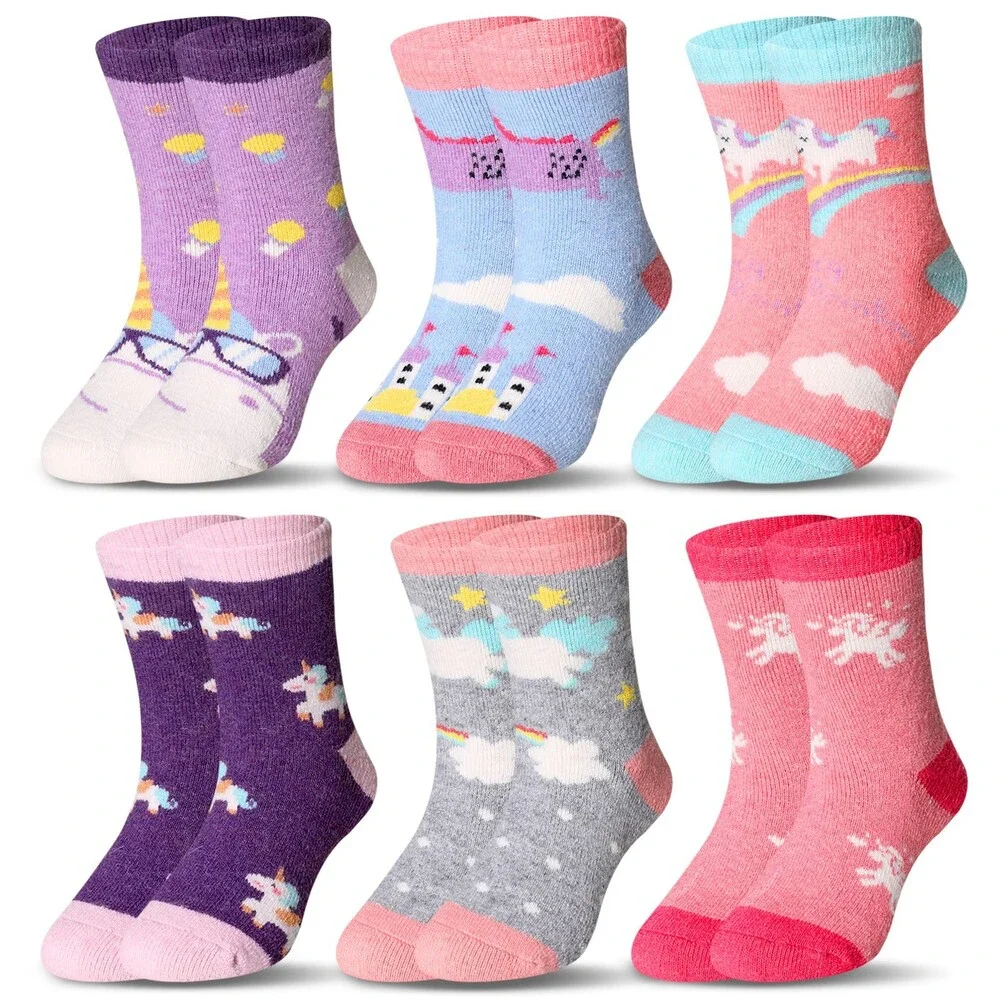 Eocom Kids 6 Pairs Children's Winter Warm Wool Animal Crew Socks Unicorn C 4-7